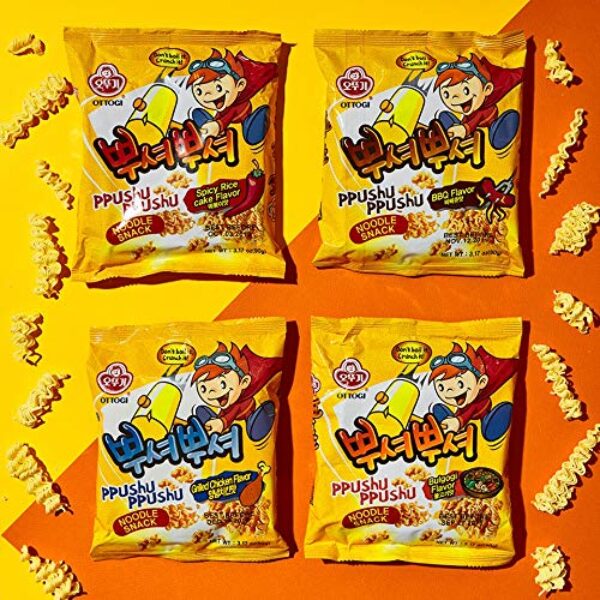 OTTOGI PPUSHU PPUSHU Crush to Eat Noodle Snack- 1 of each Bbq, Bulgogi, Grilled Chicken, Spicy Rice Cake Flavors Variety Pack (90g) - 4 Pack