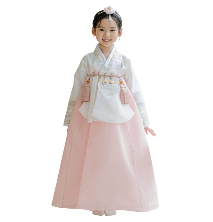 OUJIN I Striped Sleeves Coral Dangui Girl Hanbok for 100~15y/o Korean Dress Baby Kids Hanbok Dol Baekil (as1, Age, 1_Year)