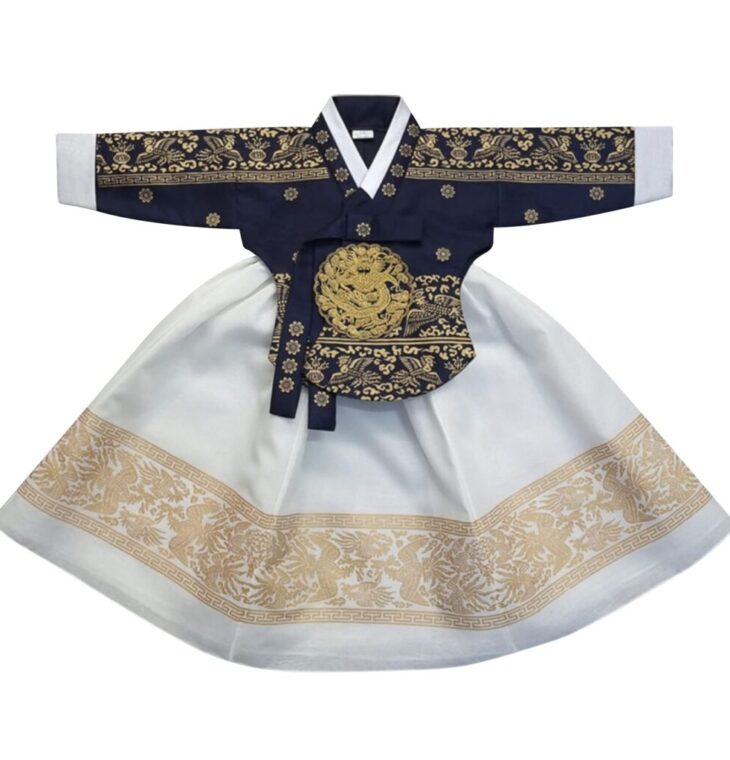 OUJIN I Korean Baby Girl Hanbok for 100days~15y/o Ivory Navy Foil Girl Kids Hanbok (as1, age, 3_months, Gold)