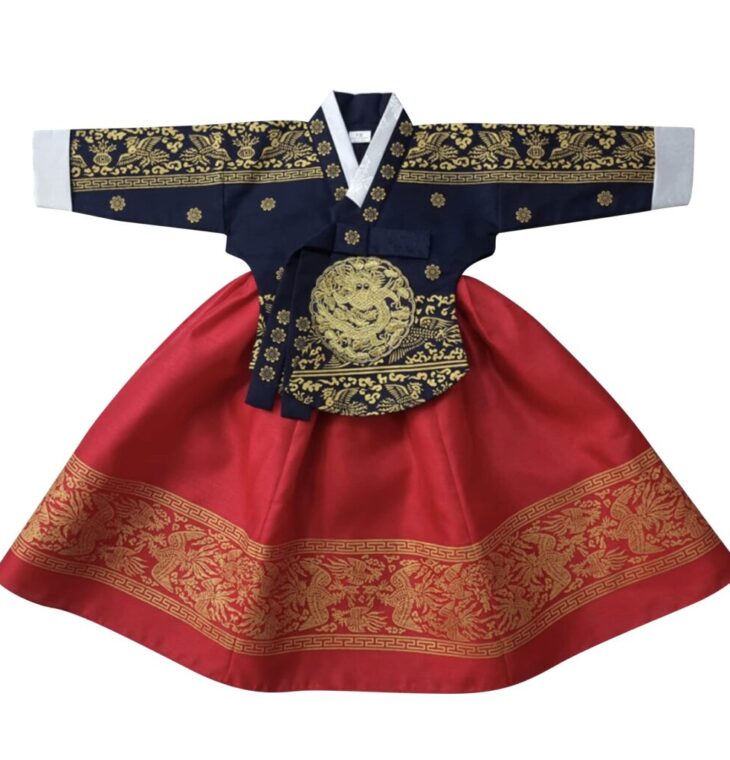 OUJIN I Korean Baby Girl Hanbok for 100days~15y/o Navy Red Foil Girl Kids Hanbok (12 months)