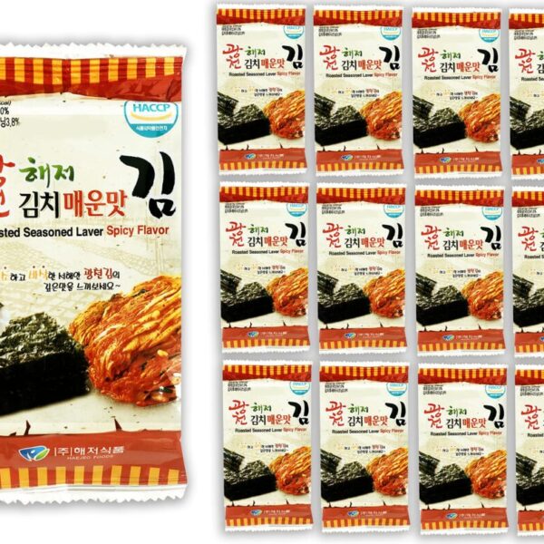 Korean Crispy Seasoned Seaweed Snacks Kimchi Spicy Sheets - 12 Individual Packs 100% Natural Laver 12 Pack Roasted Nori Snack Healthy Premium Gim by Unha's Asian Snack Box (Kimchi)