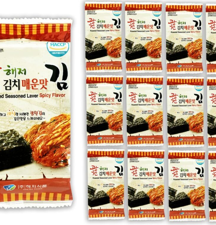 Korean Crispy Seasoned Seaweed Snacks Kimchi Spicy Sheets - 12 Individual Packs 100% Natural Laver 12 Pack Roasted Nori Snack Healthy Premium Gim by Unha's Asian Snack Box (Kimchi)